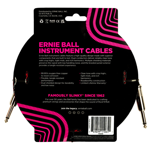 ERNIE BALL 18ft Braided Düz/Düz Uçlu 5.5m Kırmızı Siyah Enstrüman Kablosu